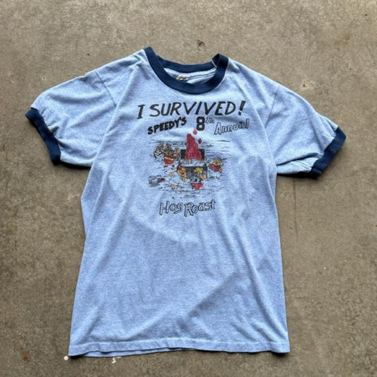 Vintage 80s I Survived Speedys Hog Roast Ringer T-Shirt - Medium