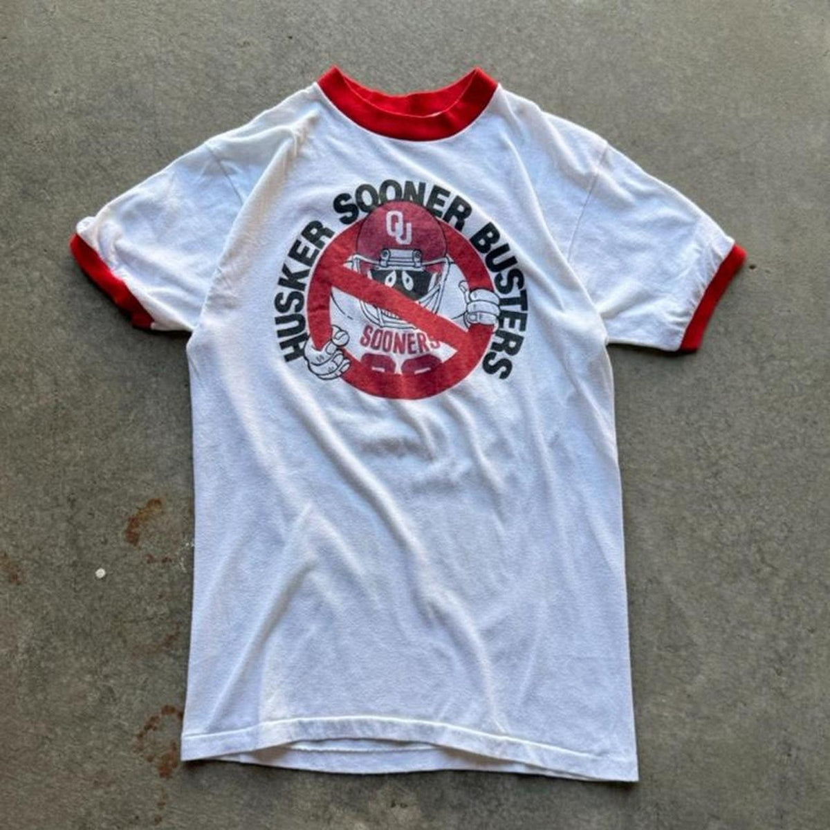 Vintage 80s Nebraska Huskers Sooner Busters Ringer T-Shirt - Large