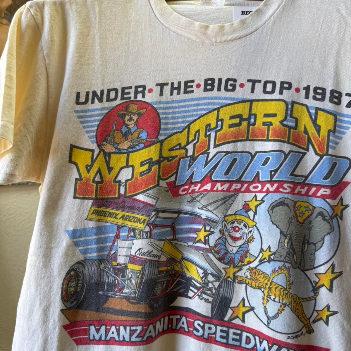 Vintage 80s Under the Big Too Circus Racing Race Car T-Shirt - Large