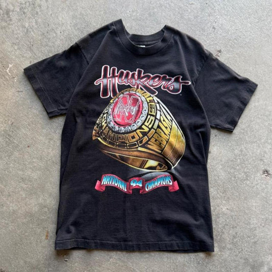 Vintage 90s Nebraska Huskers National Champions Ring T-Shirt - Large