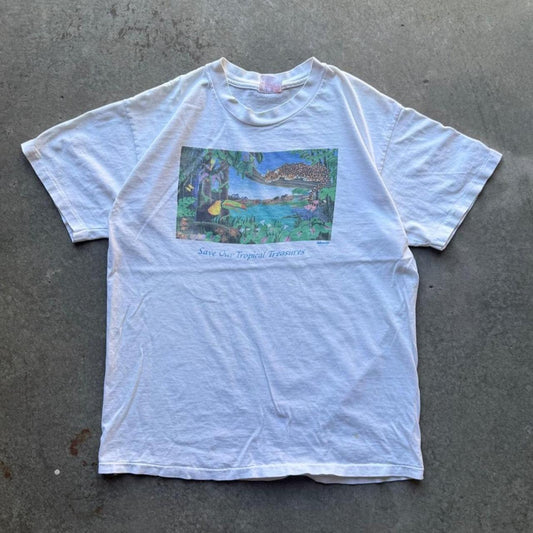 Vintage 90s Save the Tropical Treasures Animal Forest T-Shirt - Large