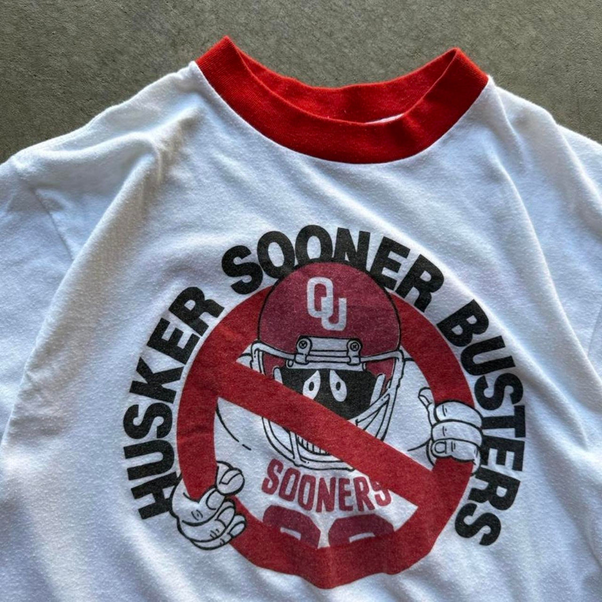 Vintage 80s Nebraska Huskers Sooner Busters Ringer T-Shirt - Large