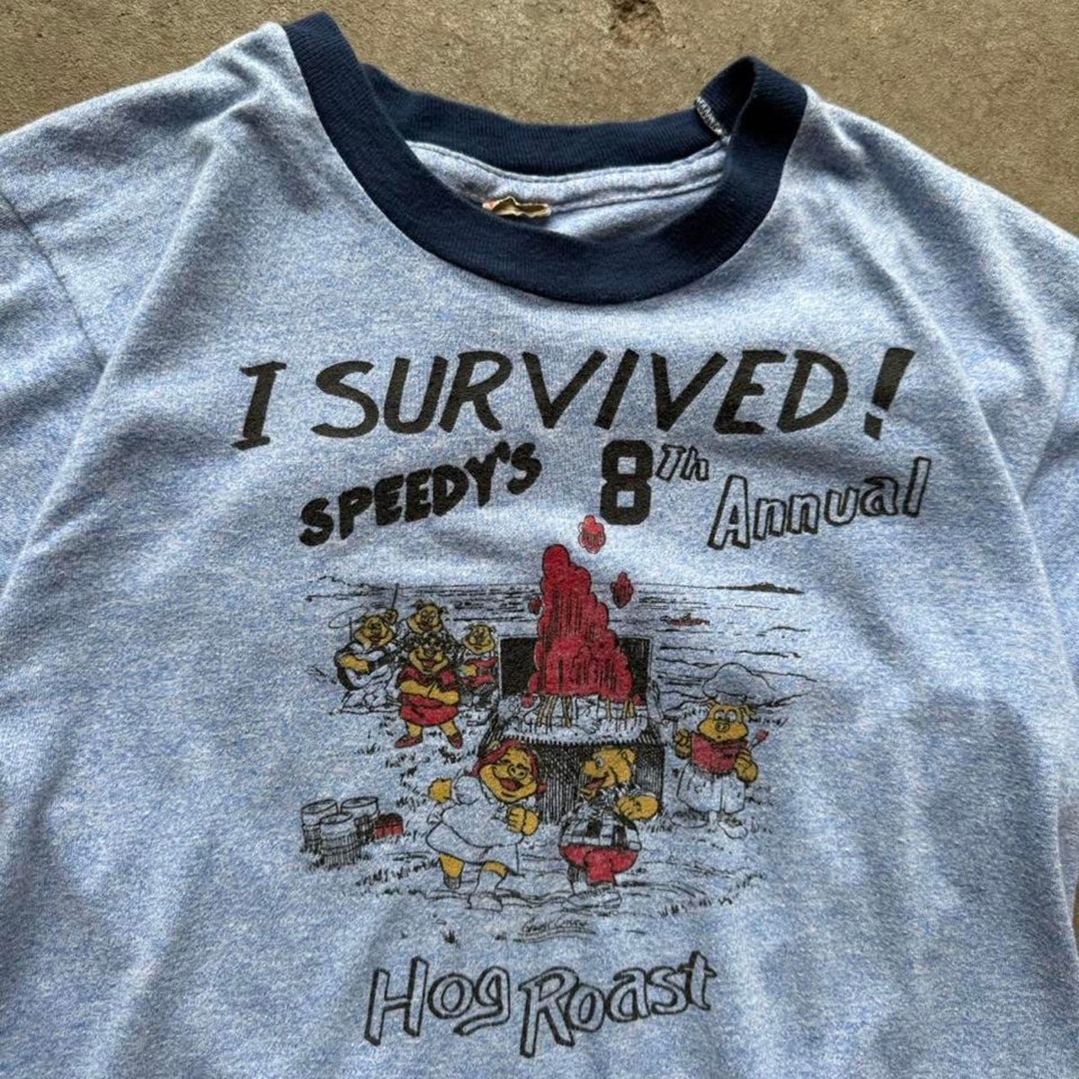 Vintage 80s I Survived Speedys Hog Roast Ringer T-Shirt - Medium