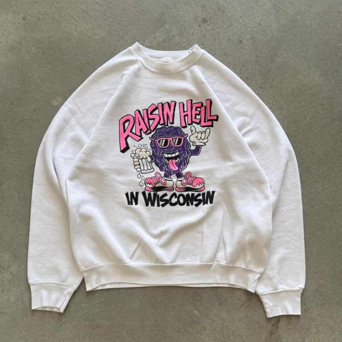 Vintage 80s Raisin Hell in Wisconsin Drinking Alcohol Crewneck - X-Large