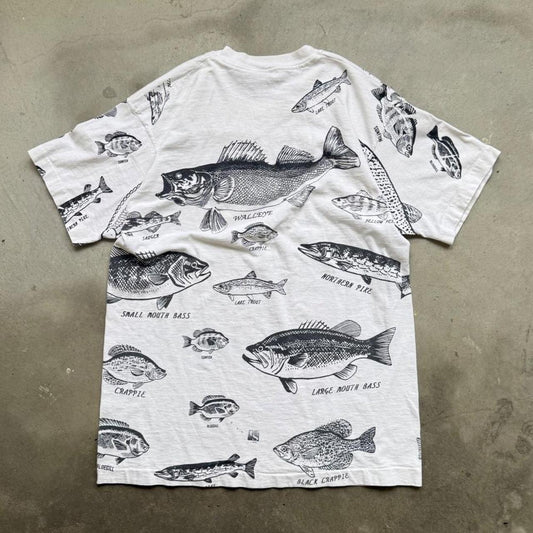 Vintage 90s Fish Animal Fishing All Over Print T-Shirt - Large