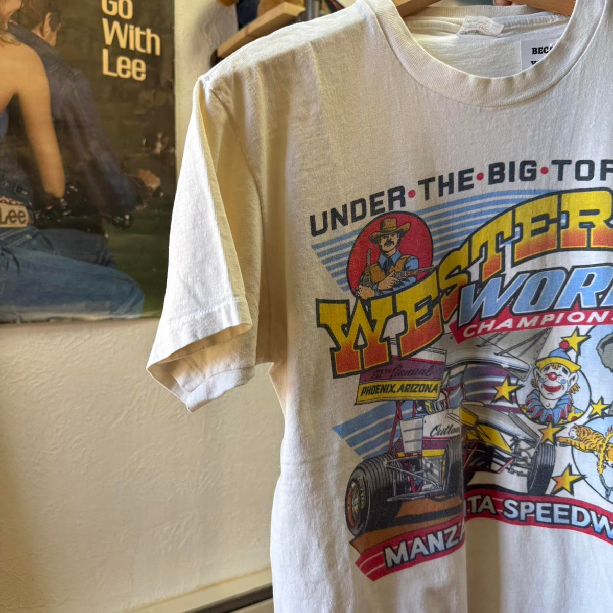 Vintage 80s Under the Big Too Circus Racing Race Car T-Shirt - Large