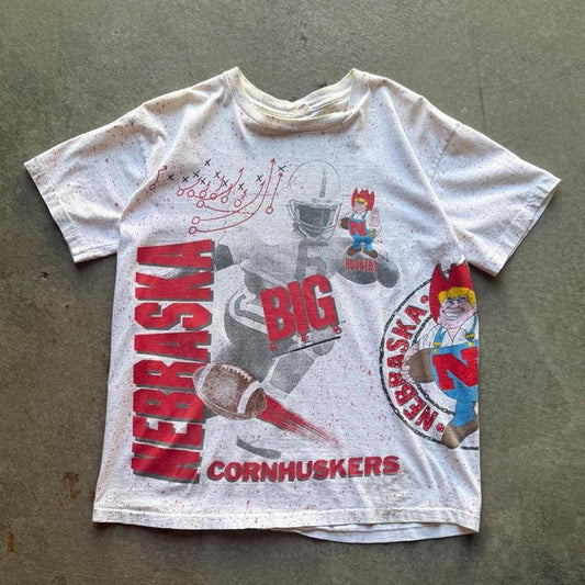 Vintage 90s Nebraska Cornhuskers Football All Over Print T-Shirt - Medium