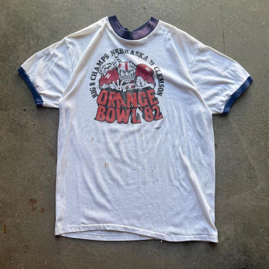Vintage 1982 Nebraska Huskers Vs Clemson Champs Ringer T-Shirt - Large