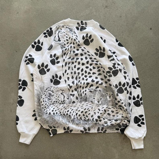 Vintage 90s Cheetah Animal All Over Print Crewneck - X-Large