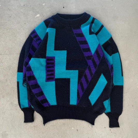 Vintage 90s Patterned Color Block Sweater - Medium